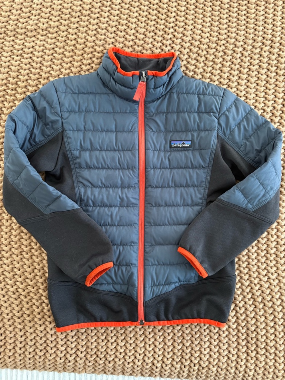 Patagonia Quilted Blue and Black Jacket with Orange Trim